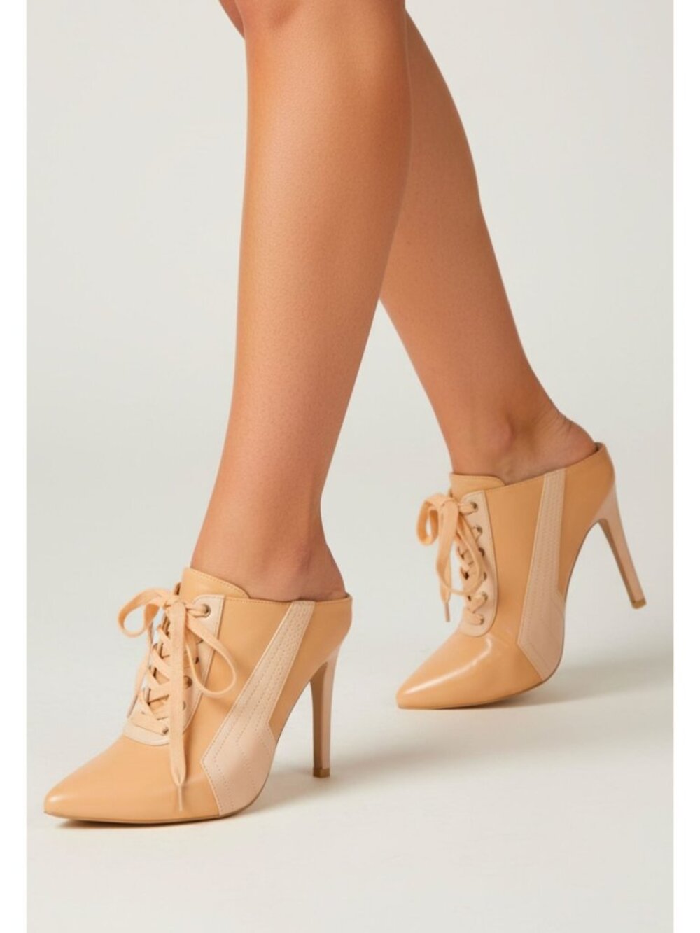 Nude Lace-Up Pointed Toe Stiletto Heels For Women